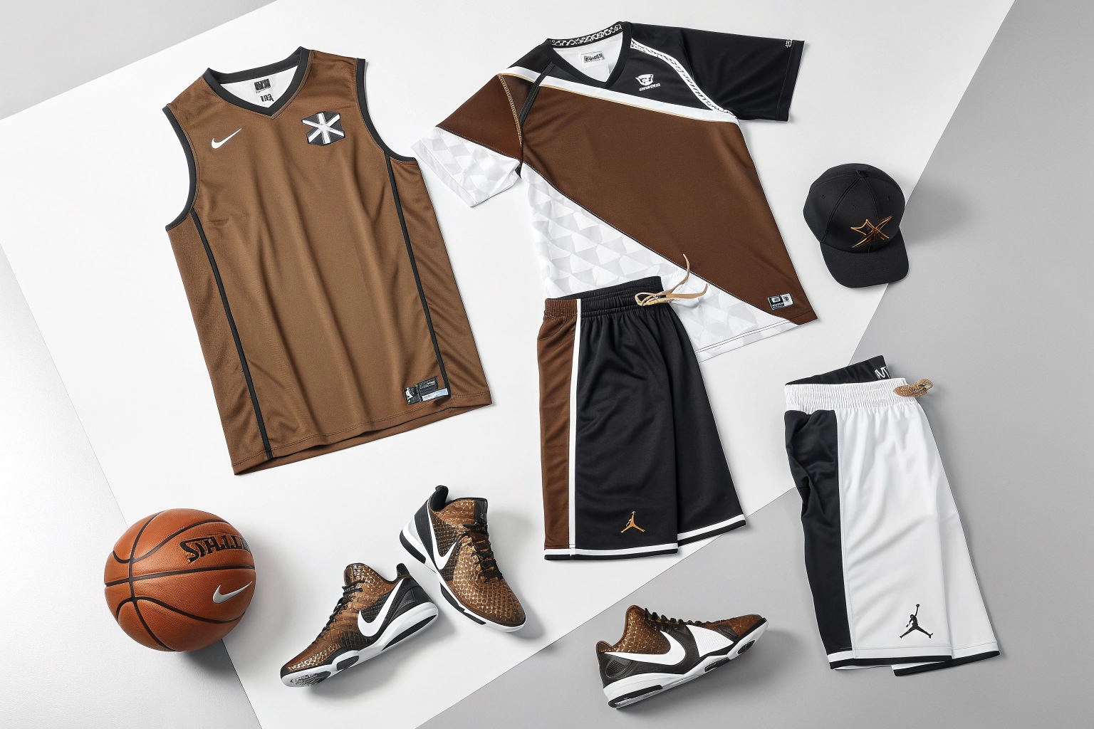 Dynamic composition of custom sportswear including jerseys and shorts in brown and black tones.