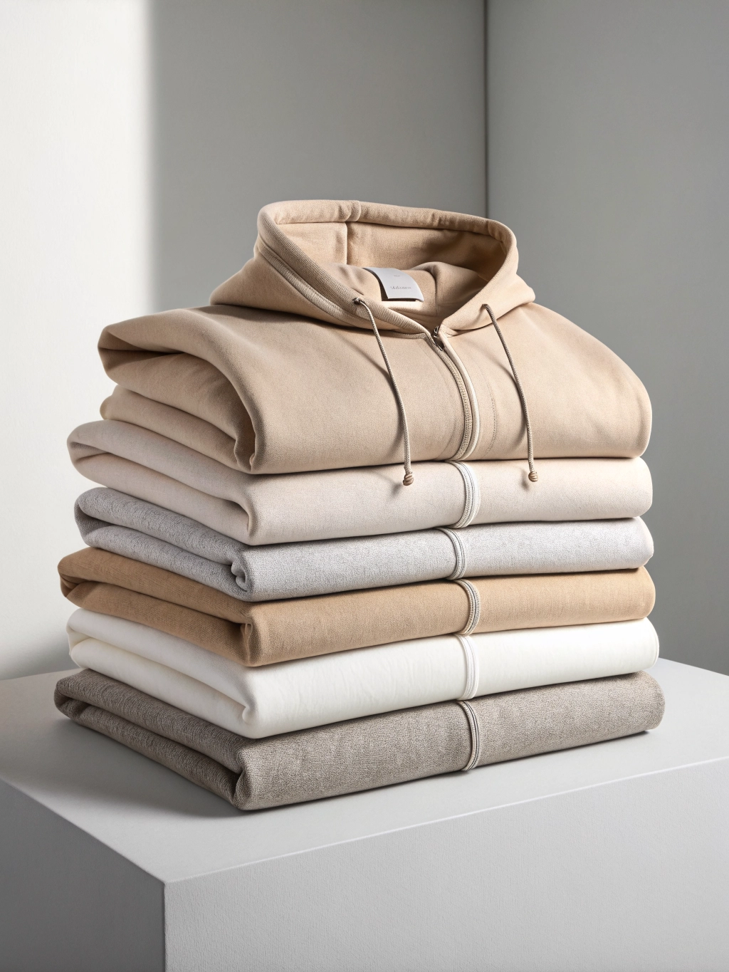 Premium custom clothing craftsmanship detail showing heavy high-quality fleece textures and tags
